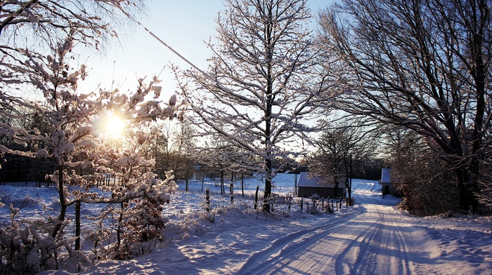 winter, dusk, Sweden, sunset, snow