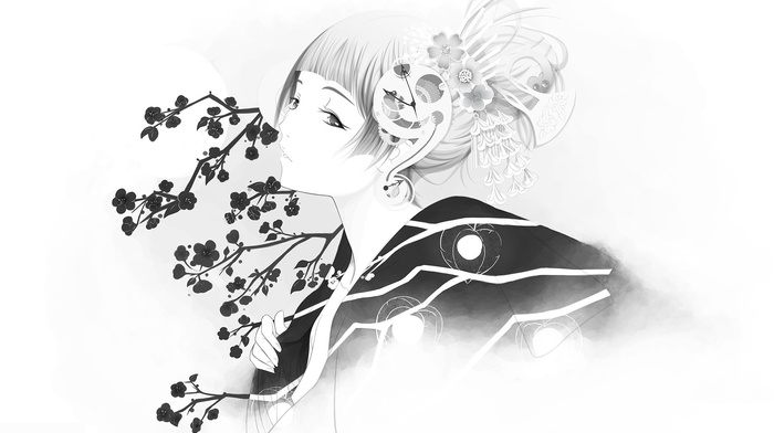 minimalism, kimono, sakura, girl