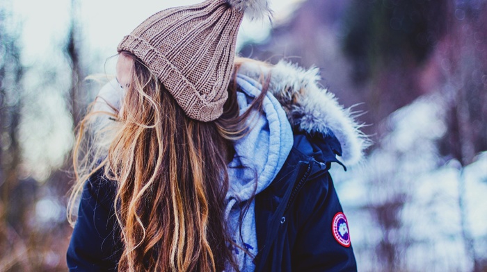 girl outdoors, woolly hat, girl, long hair, jacket, brunette