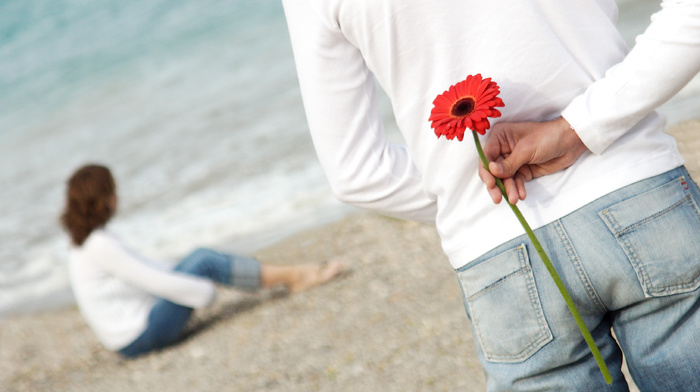 beach, flower, love, couple