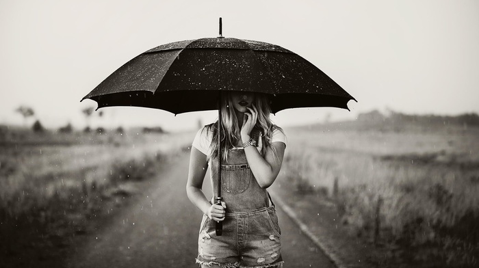 overalls, rain, umbrella, monochrome