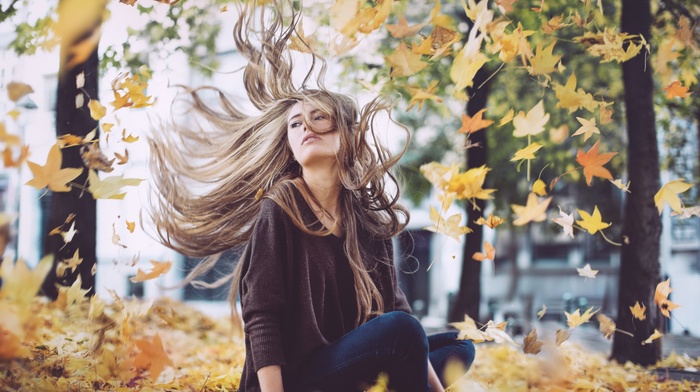 leaves, girl outdoors, girl, windy, long hair, fall, brunette