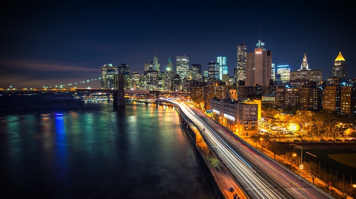 night, New York City, Brooklyn Bridge, Manhattan, West Side Highway
