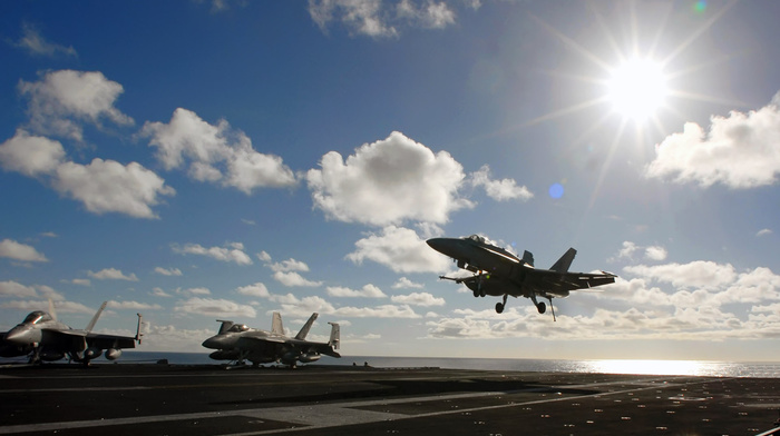 clouds, jet fighter, Sun, aircraft