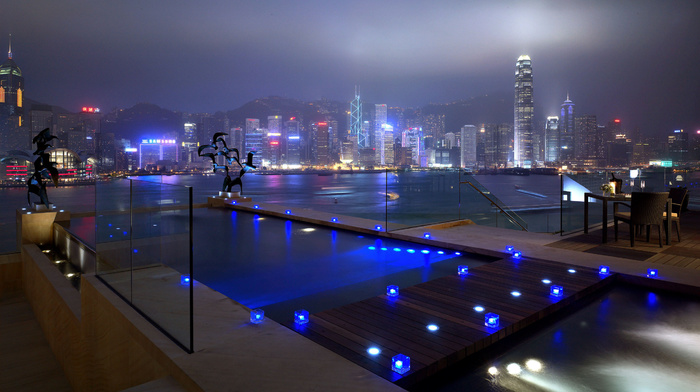 blue, skyscrapers, night, lights, light, cities, houses, swimming pool