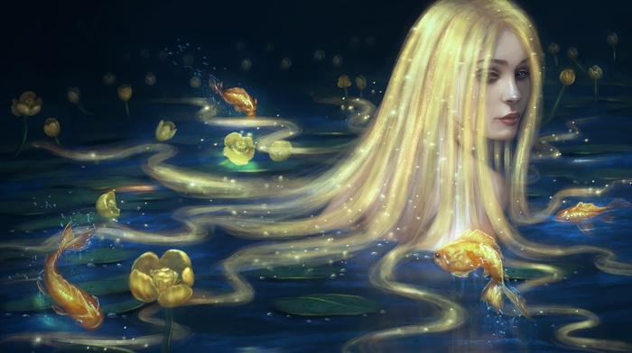 fish, koi, blonde, long hair, flowers, artwork, lily pads