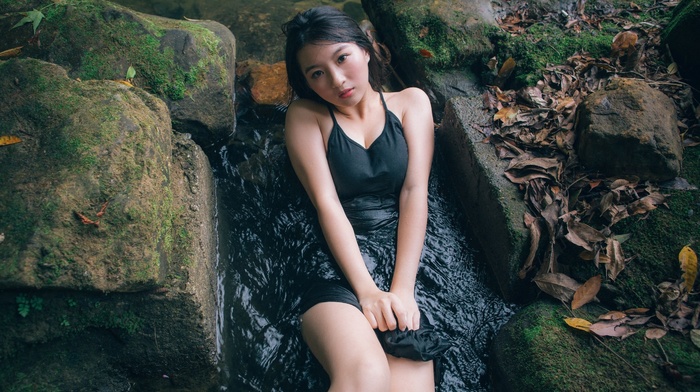 rock, moss, Asian, leaves, wet clothing, water, girl outdoors