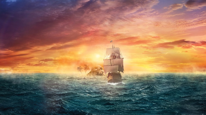 artwork, digital art, fantasy art, pirates, sailing ships