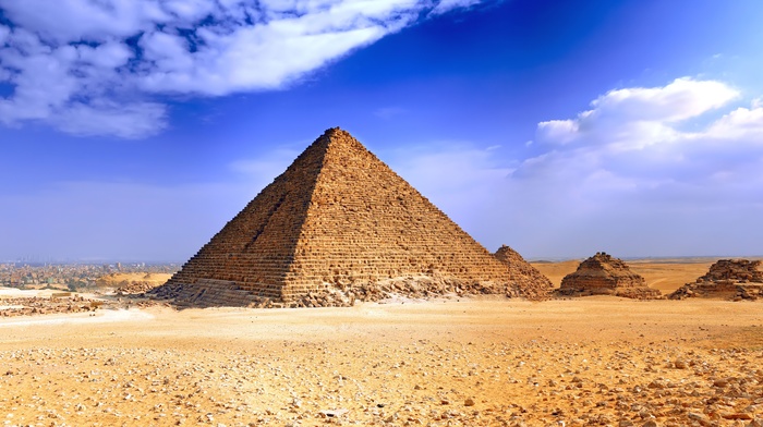 Pyramids of Giza, desert, landscape, clouds, pyramid, egypt