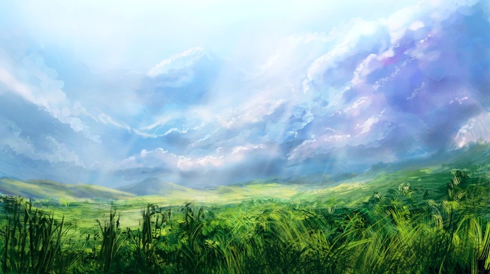 clouds, artwork, nature, sky, grass