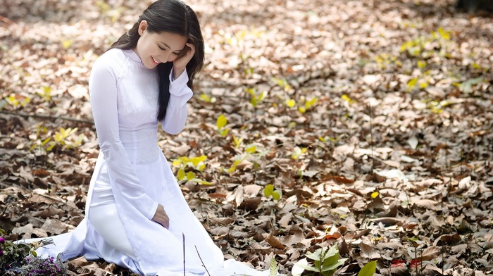 white dress, leaves, o di, looking down, smiling
