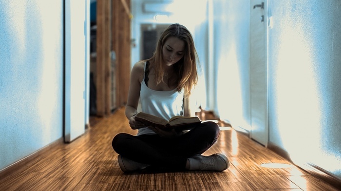 reading, sitting, girl, books, brunette