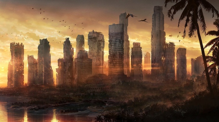 abandoned, apocalyptic, sunset, dead city, city, forest