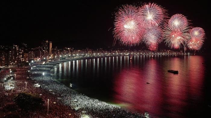 night, sea, people, city, sky