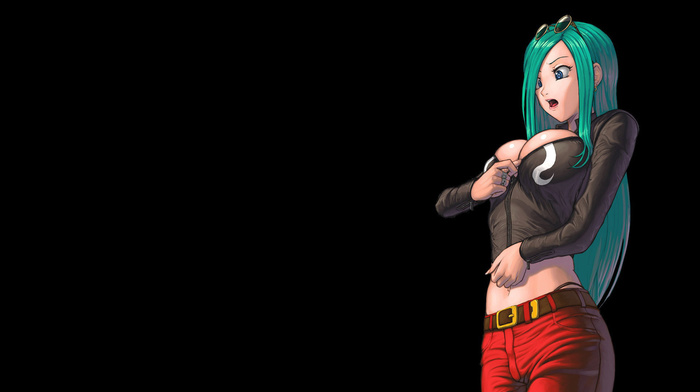 green hair, black background, anime