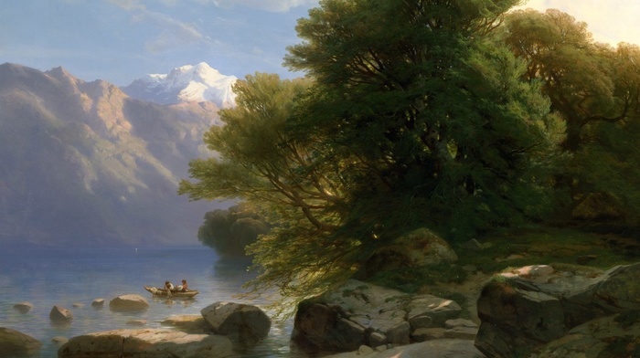 river, painting, classic art, boat, trees, rock