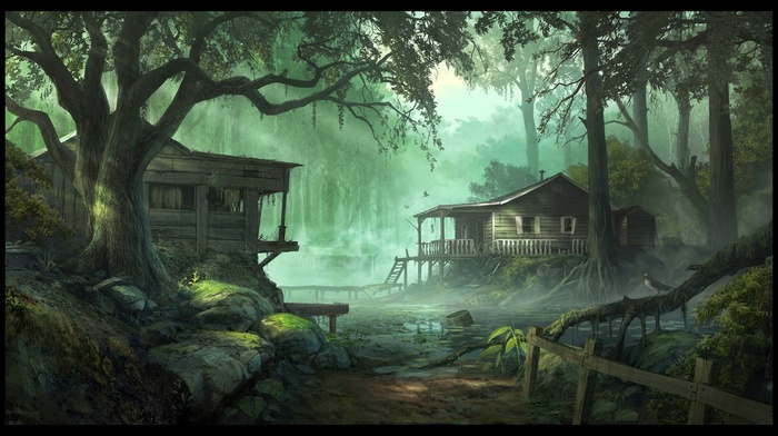 swamp, concept art, artwork, digital art, fantasy art, wood, forest, shack, Andree Wallin