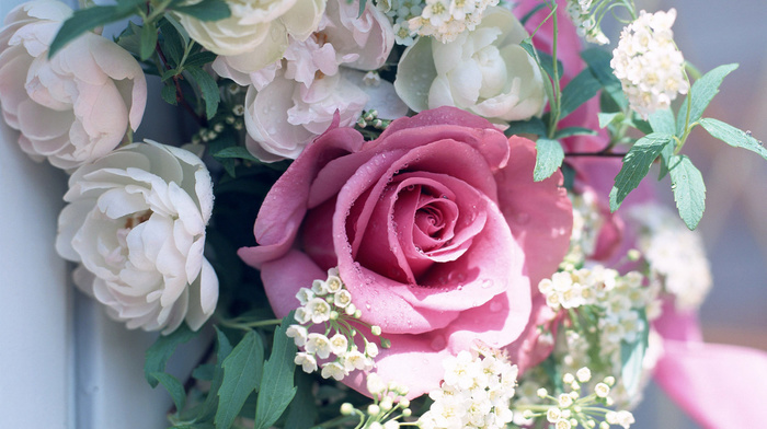 rose, bouquet, greenery, leaves, flowers
