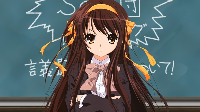 suzumiya haruhi, girl, angry, hair band, school uniform, brunette, Blackboard, yellow eyes, long hair, anime, the melancholy of haruhi suzumiya
