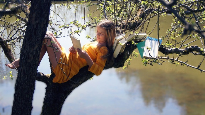 dress, trees, books, barefoot, striped clothing, reading, legs, girl outdoors