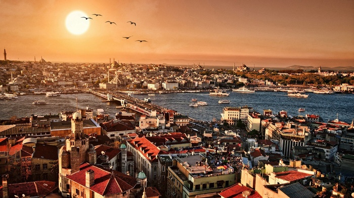 Istanbul, city, sunset, cityscape, bridge, building