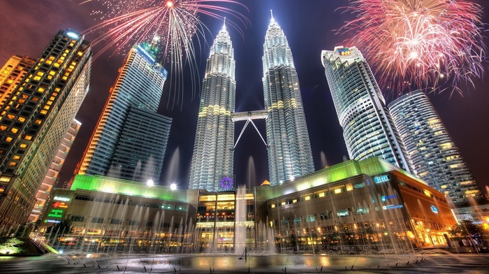 building, city, natural lighting, digital lighting, lights, HDR, cityscape, Petronas Towers, fireworks, Twin Tower