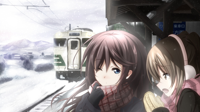 cold, winter, train station, anime girls
