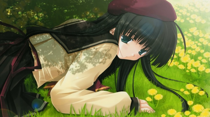 Sola, anime girls, lying down, grass, schoolgirls, school uniform