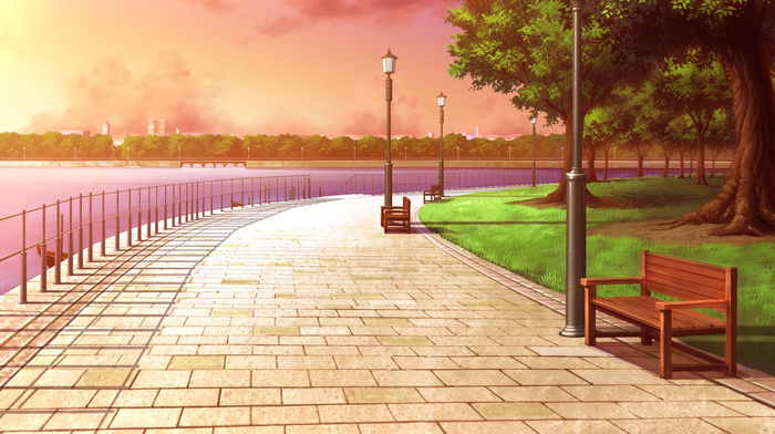 spring, park, city, sky, anime