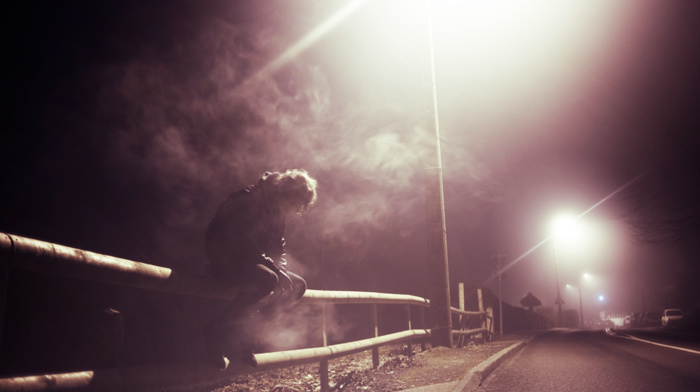 smoking, night, road, men, sad