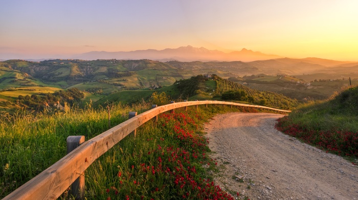 sunlight, hill, road, nature, landscape