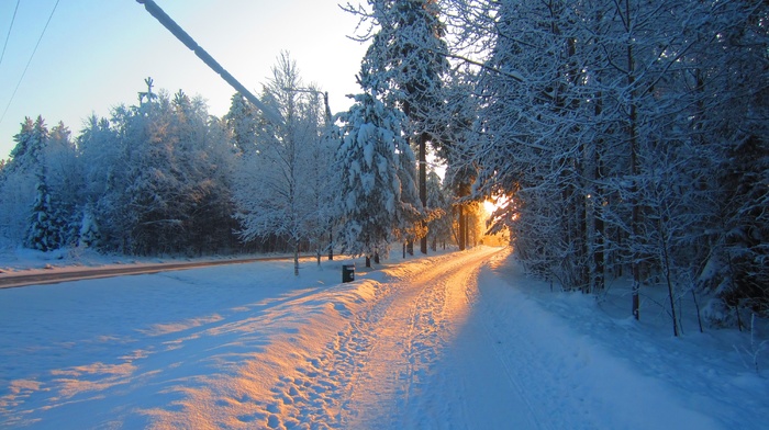 snow, sunlight, road, landscape, Sun