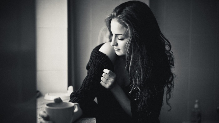 long hair, girl, cleavage, coffee, sweater, brunette, monochrome