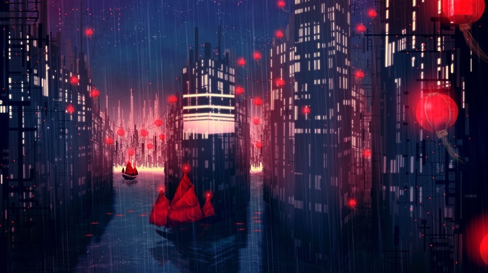 city, artwork, fantasy art, boat, rain, concept art, red