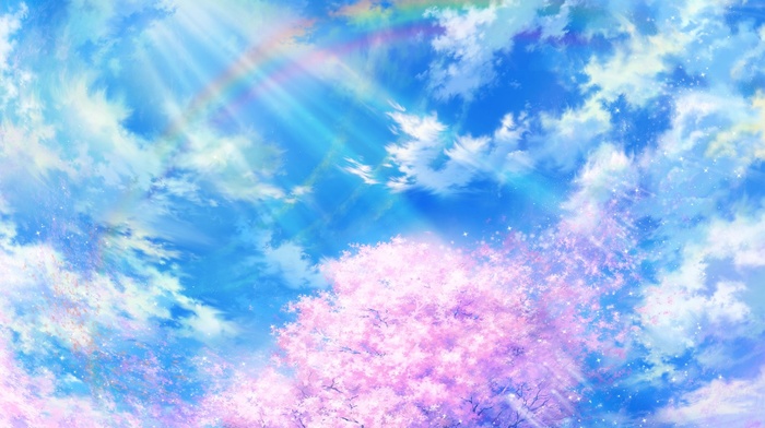 sky, sun rays, rainbows, cherry blossom, clouds