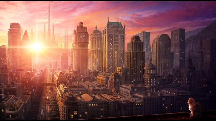 sunrise, detailed, city, cityscape, cat