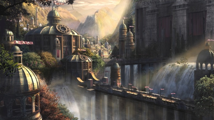 waterfall, city, bridge, tower, fantasy, castle, landscape