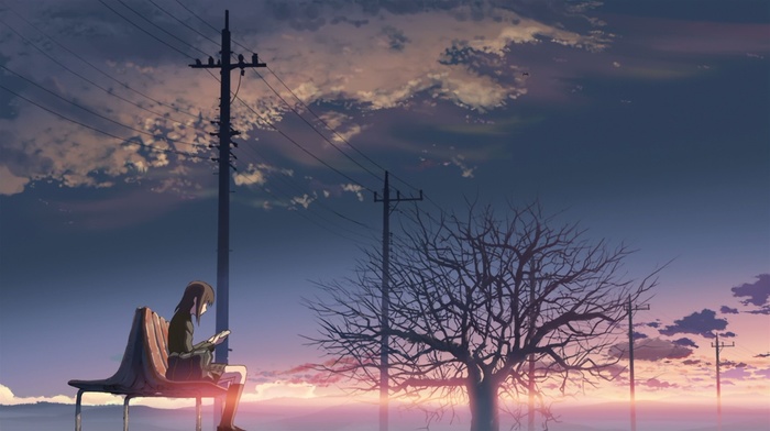 bench, trees, anime, power lines, bag, 5 Centimeters Per Second, sunlight