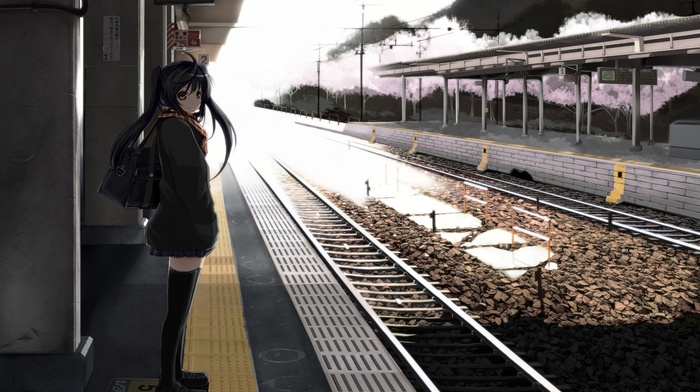 schoolgirls, train station, waiting, anime, anime girls, original characters