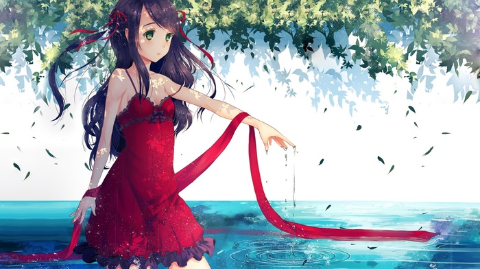 leaves, water, anime girls, anime, red dress