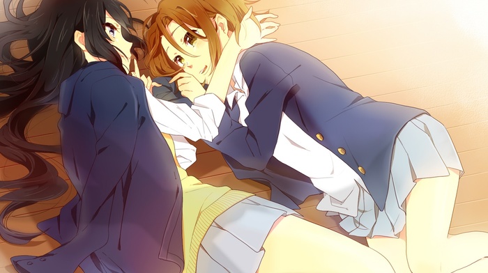 anime, lying down, Tainaka Ritsu, anime girls, schoolgirls, K, on, Akiyama Mio, school uniform