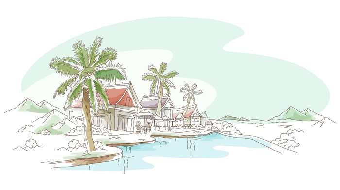 drawing, mountain, palm trees, style, lake