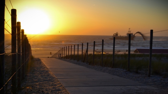 sea, path, dune, fence, sunset