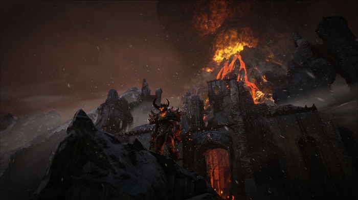 Unreal Engine 4, fire, demon, video games, snow, fortress, volcano, hill