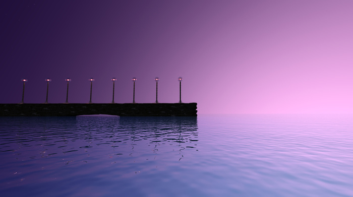 3D, sea, pier, sunset
