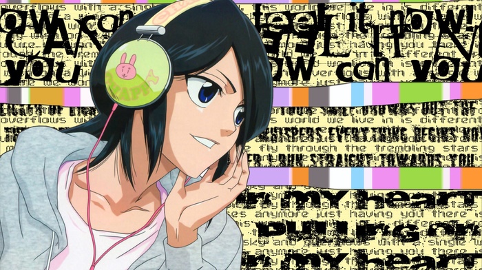headphones, typography, Kuchiki Rukia, Bleach, anime girls