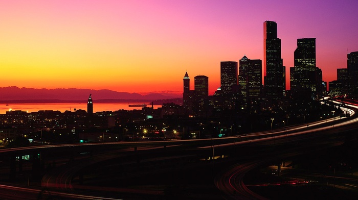 city, Seattle, sunset, skyscraper