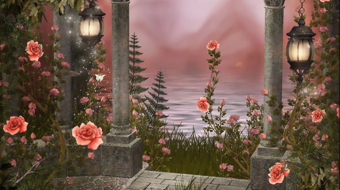 drawing, water, roses, flowers