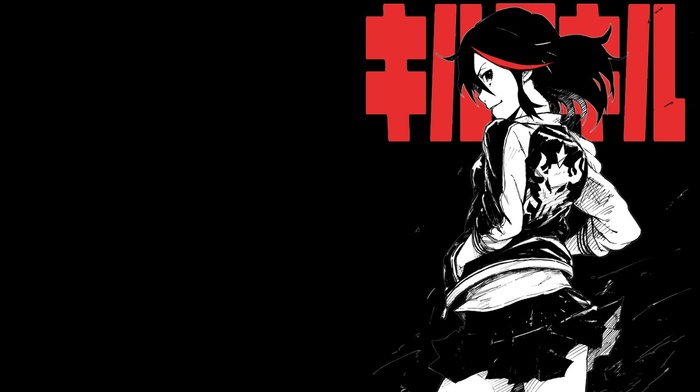 Matoi Ryuuko, black background, dark hair, skirt, anime, kill la kill