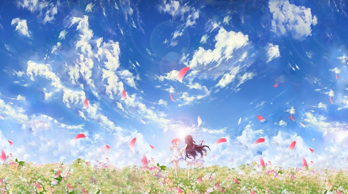 clouds, flowers, anime